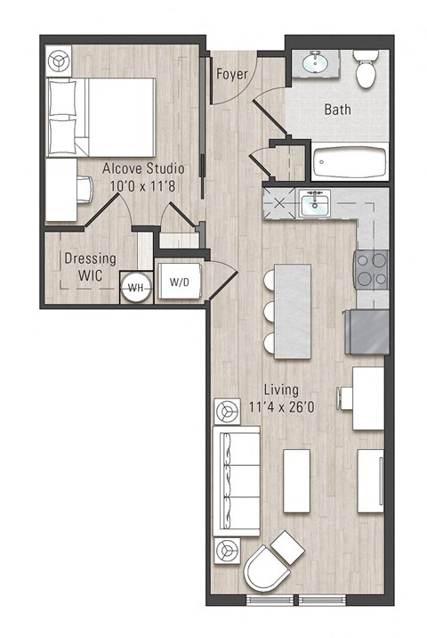 Floor plan for studio, 1 bath, 610 sqft
